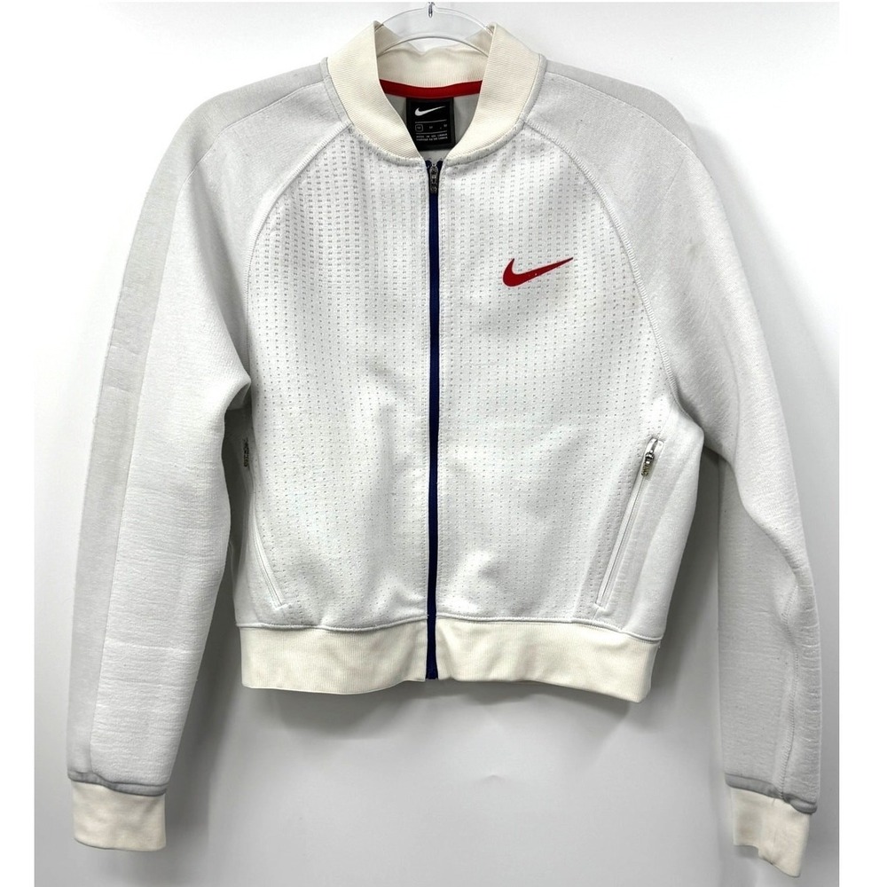 Nike Tech Jacket‎ Womens Fleece Full Zip Collared White Red Size M CZ3619-100